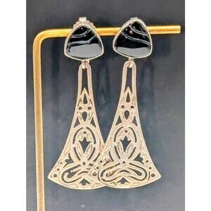 Vtg Tabra 14K Gold Post 925 Sterling Silver Carved Onyx Drop Earrings 18.34g